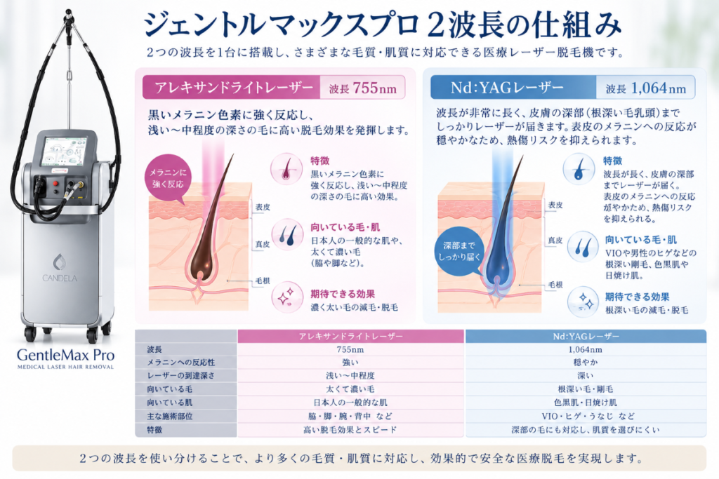 ジェントルマックスプロの755nmアレキサンドライトレーザーと1064nm YAGレーザーの仕組み