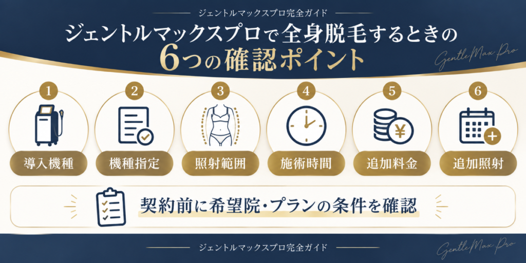 ジェントルマックスプロで全身脱毛するときに確認したい機種指定・照射範囲・施術時間・料金など6つのポイント