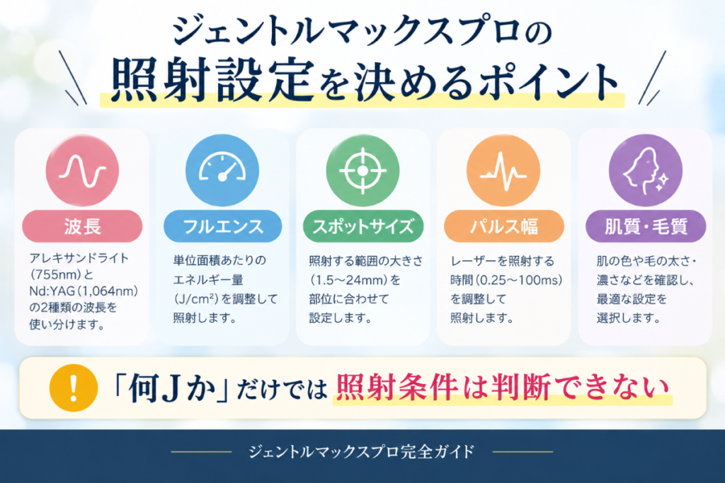 ジェントルマックスプロの出力・スポットサイズ・パルス幅など照射設定を決めるポイント