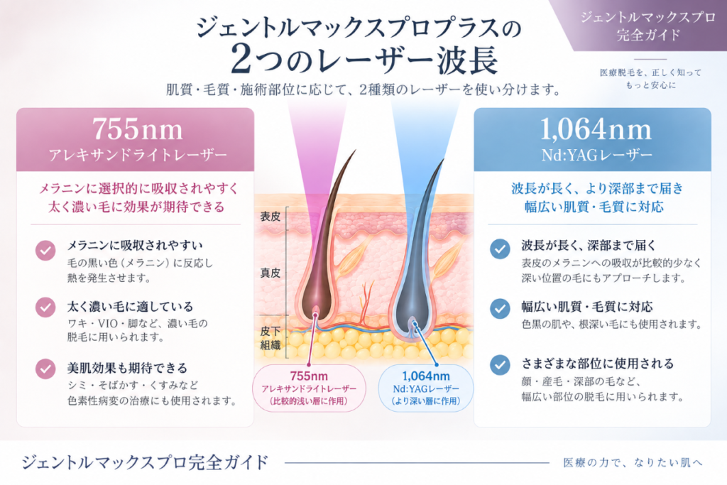 ジェントルマックスプロプラスの755nmアレキサンドライトレーザーと1064nm YAGレーザーの仕組み