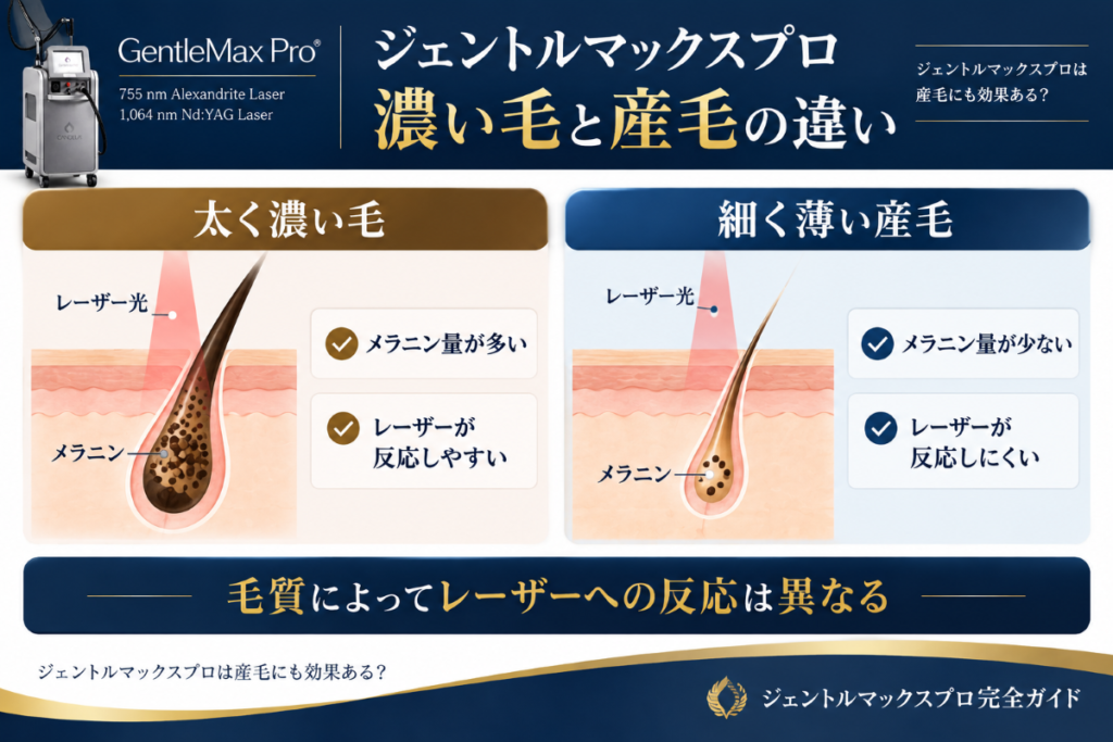 ジェントルマックスプロのレーザーに対する太く濃い毛と産毛の反応の違い