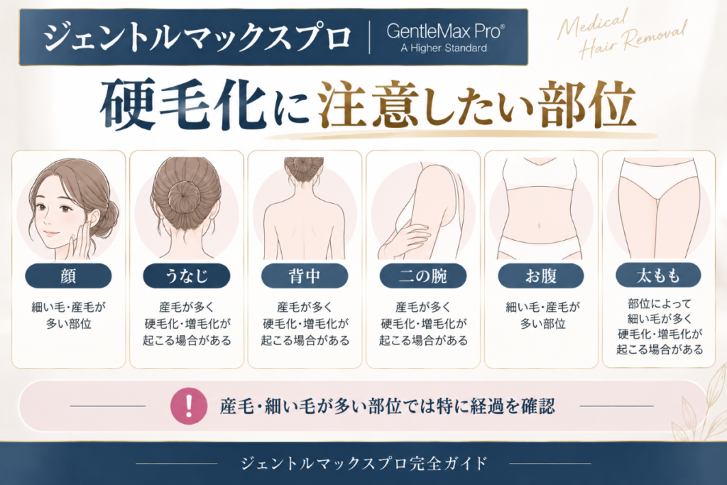 ジェントルマックスプロなどの医療レーザー脱毛で硬毛化に注意したい顔・うなじ・背中・二の腕・お腹・太もも