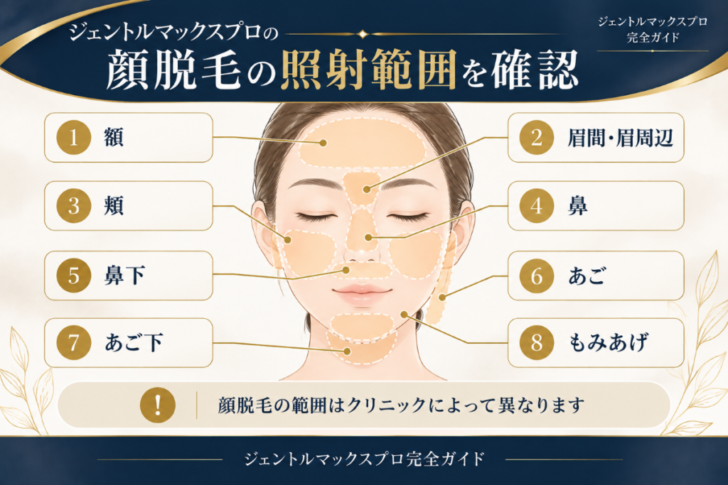 ジェントルマックスプロの顔脱毛で確認したい額・眉間・頬・鼻・鼻下・あご・あご下・もみあげの照射範囲